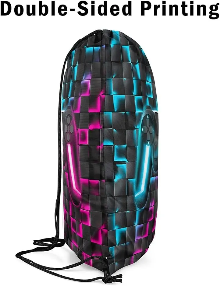 Gamer Drawstring Backpack 13x15.7,Gaming String Bag,Neon Lights Ombre Checkered Video Games 3D Geometric Game Console Reversible Sackpack for Dining,Blue Purple
