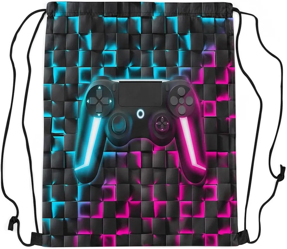 Gamer Drawstring Backpack 13x15.7,Gaming String Bag,Neon Lights Ombre Checkered Video Games 3D Geometric Game Console Reversible Sackpack for Dining,Blue Purple