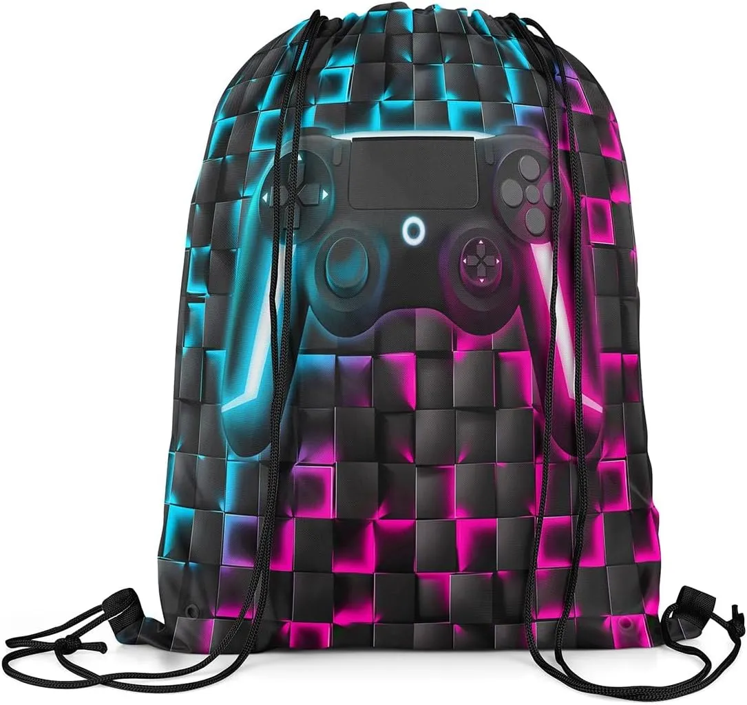 Gamer Drawstring Backpack 13x15.7,Gaming String Bag,Neon Lights Ombre Checkered Video Games 3D Geometric Game Console Reversible Sackpack for Dining,Blue Purple