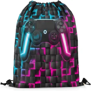 Gamer Drawstring Backpack 13x15.7,Gaming String Bag,Neon Lights Ombre Checkered Video Games 3D Geometric Game Console Reversible Sackpack for Dining,Blue Purple