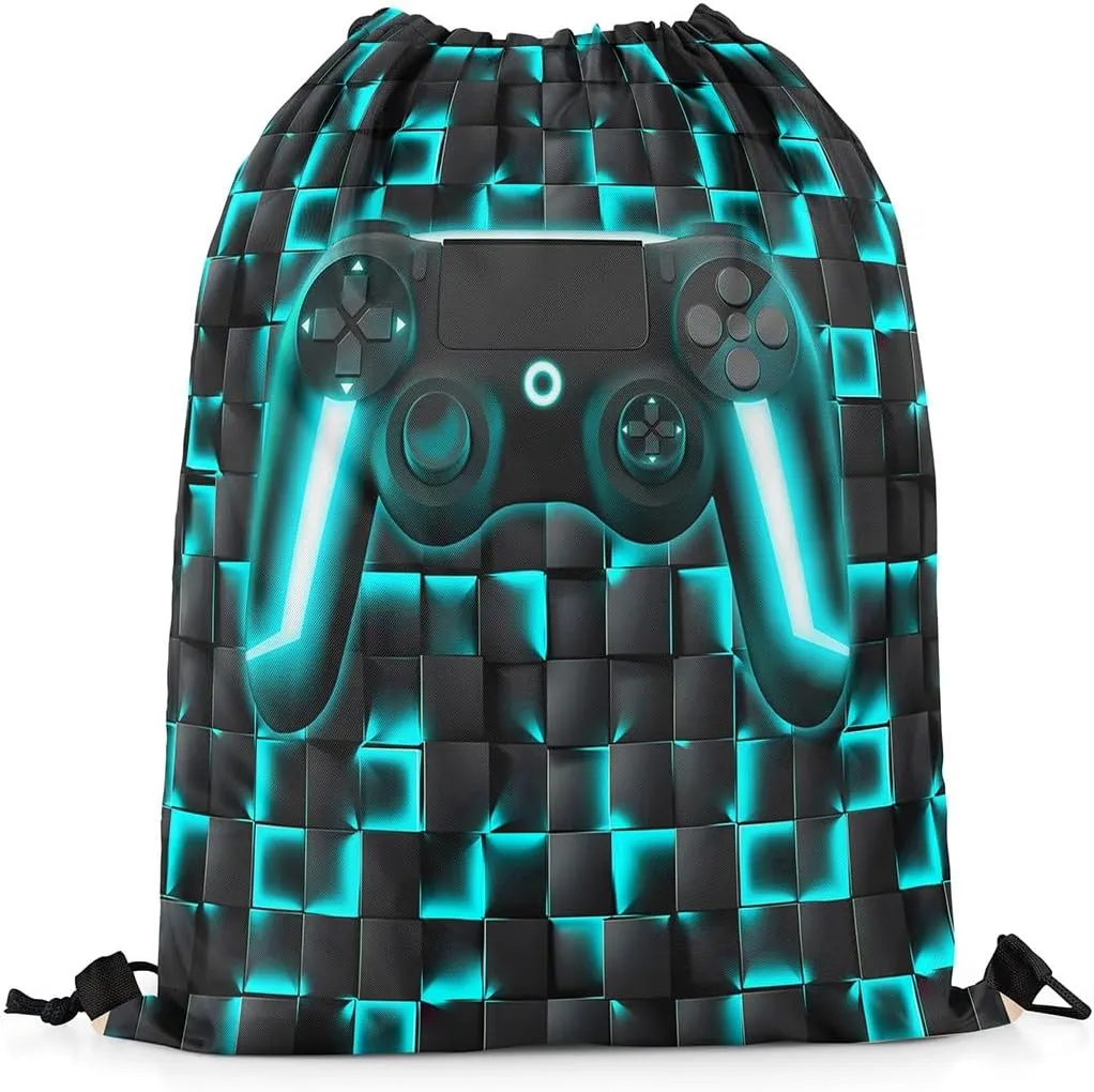 Gaming Drawstring Backpack 13x15.7,Geometric Gamer String Bag,Teal Black Ombre Checkered Gamepad Neon Game Console Reversible Sackpack for Sport Gym Swim Yoga Camping,Black Blue