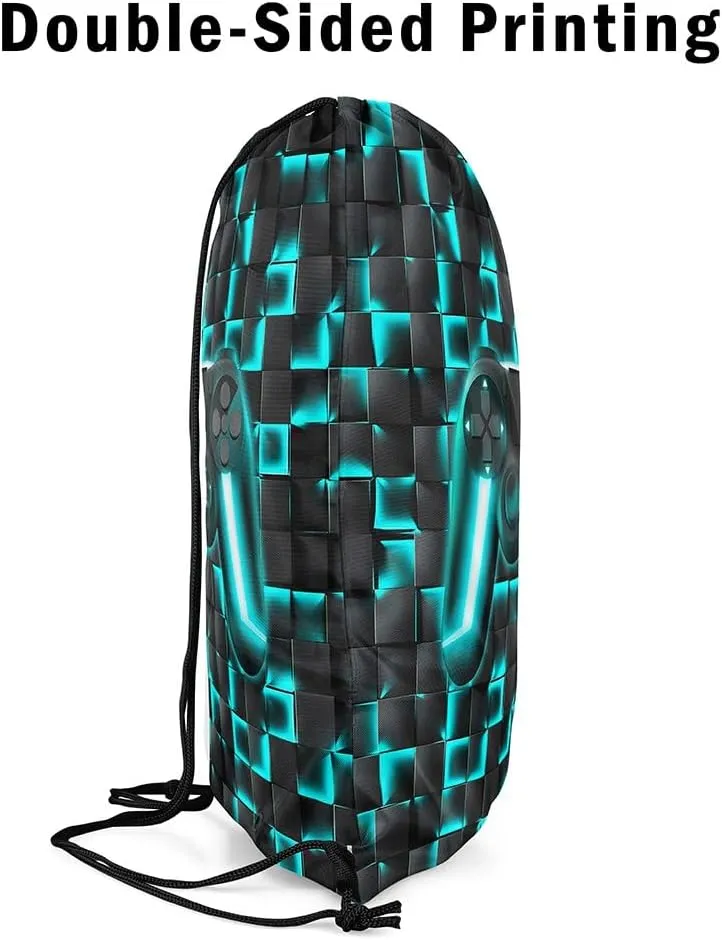 Gaming Drawstring Backpack 13x15.7,Geometric Gamer String Bag,Teal Black Ombre Checkered Gamepad Neon Game Console Reversible Sackpack for Sport Gym Swim Yoga Camping,Black Blue