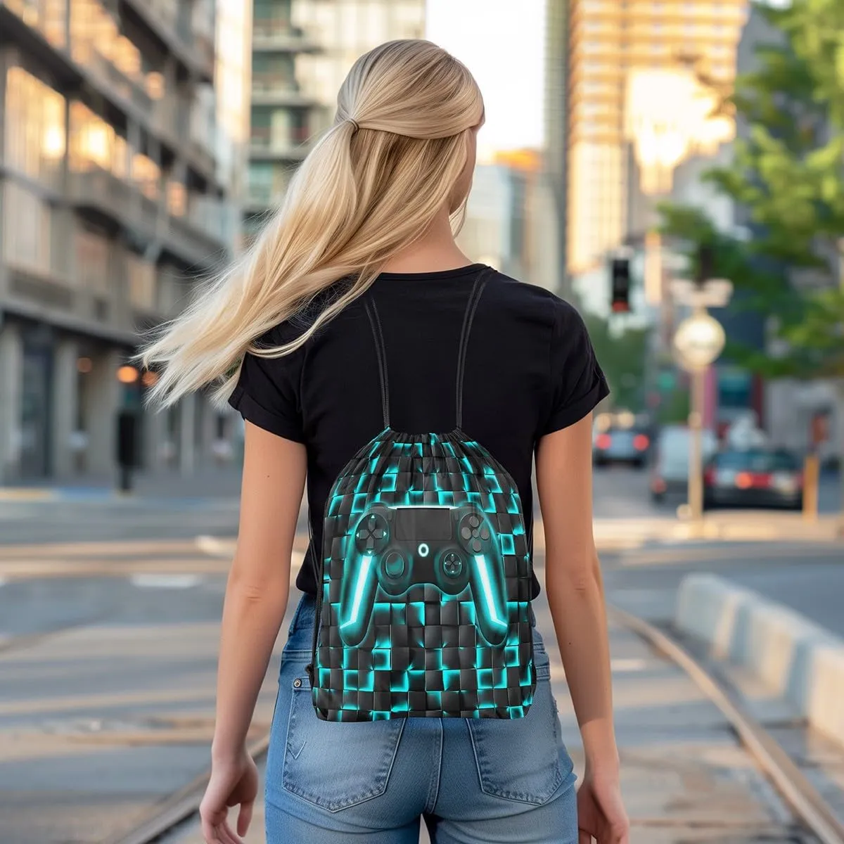 Gaming Drawstring Backpack 13x15.7,Geometric Gamer String Bag,Teal Black Ombre Checkered Gamepad Neon Game Console Reversible Sackpack for Sport Gym Swim Yoga Camping,Black Blue