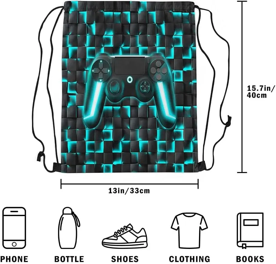Gaming Drawstring Backpack 13x15.7,Geometric Gamer String Bag,Teal Black Ombre Checkered Gamepad Neon Game Console Reversible Sackpack for Sport Gym Swim Yoga Camping,Black Blue