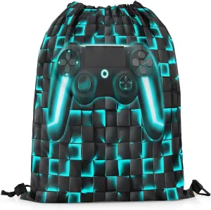 Gaming Drawstring Backpack 13x15.7,Geometric Gamer String Bag,Teal Black Ombre Checkered Gamepad Neon Game Console Reversible Sackpack for Sport Gym Swim Yoga Camping,Black Blue
