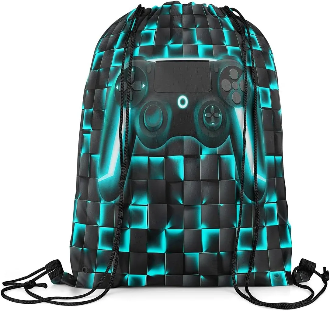 Gaming Drawstring Backpack 13x15.7,Geometric Gamer String Bag,Teal Black Ombre Checkered Gamepad Neon Game Console Reversible Sackpack for Sport Gym Swim Yoga Camping,Black Blue