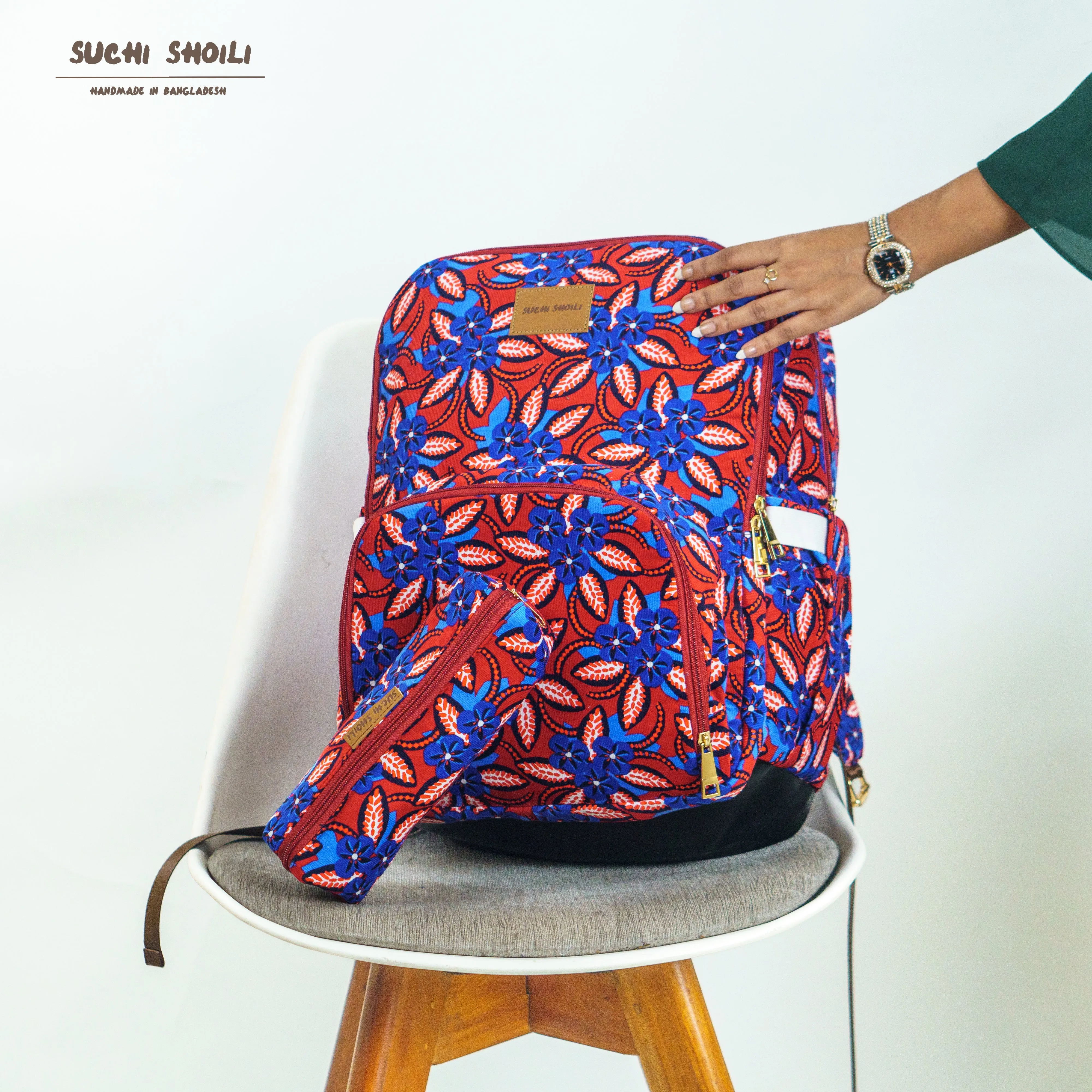 Garden Flower Corduroy Fabric Double Chamber Backpack