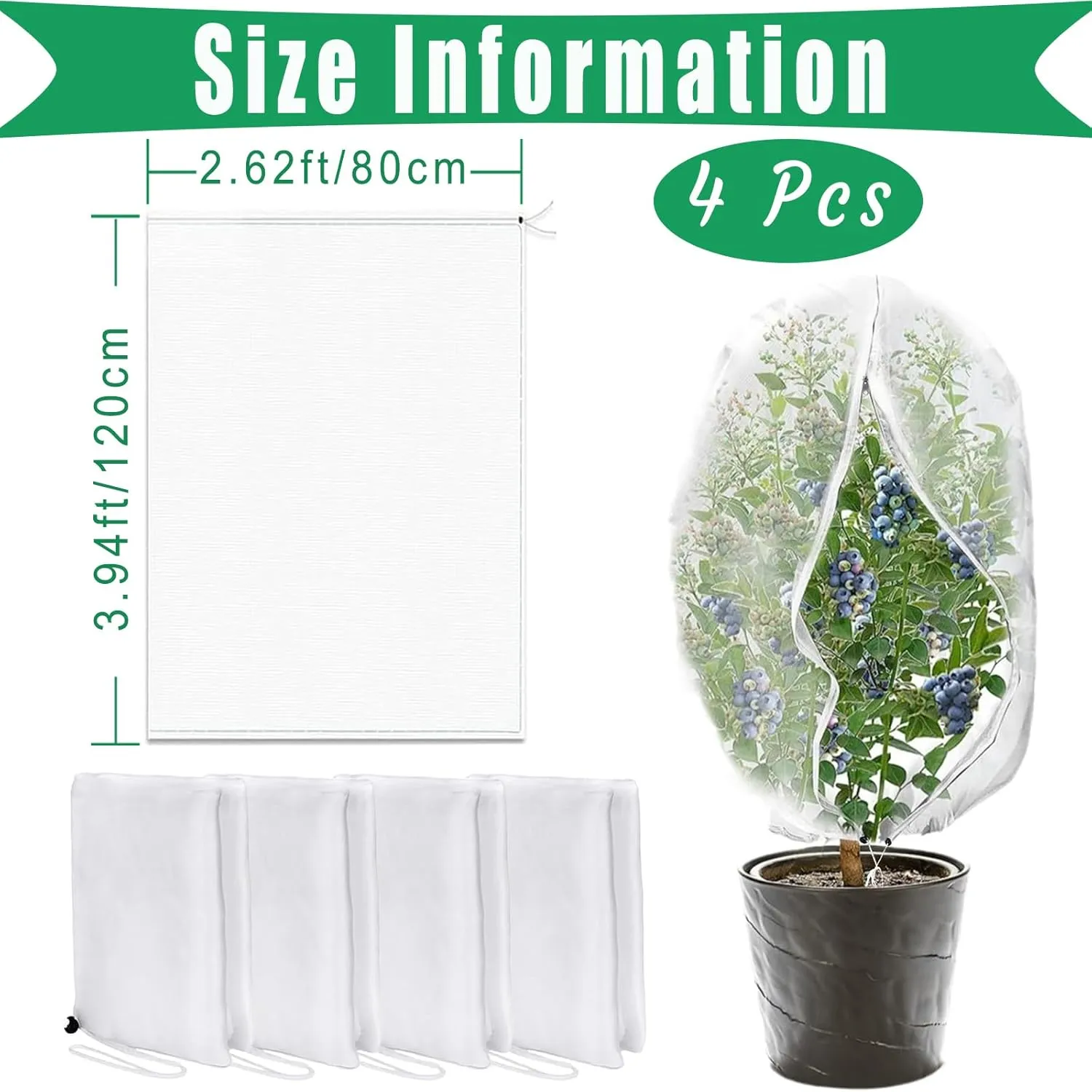 Garden Netting Pest Barrier 4 Pack 2.62x3.94 Ft Tomato Tree Protective Cover Net Bird Netting Mesh Netting for Plant Fruits Blueberry Bushes Protection Netting Covers Bags with Zipper and Drawstring