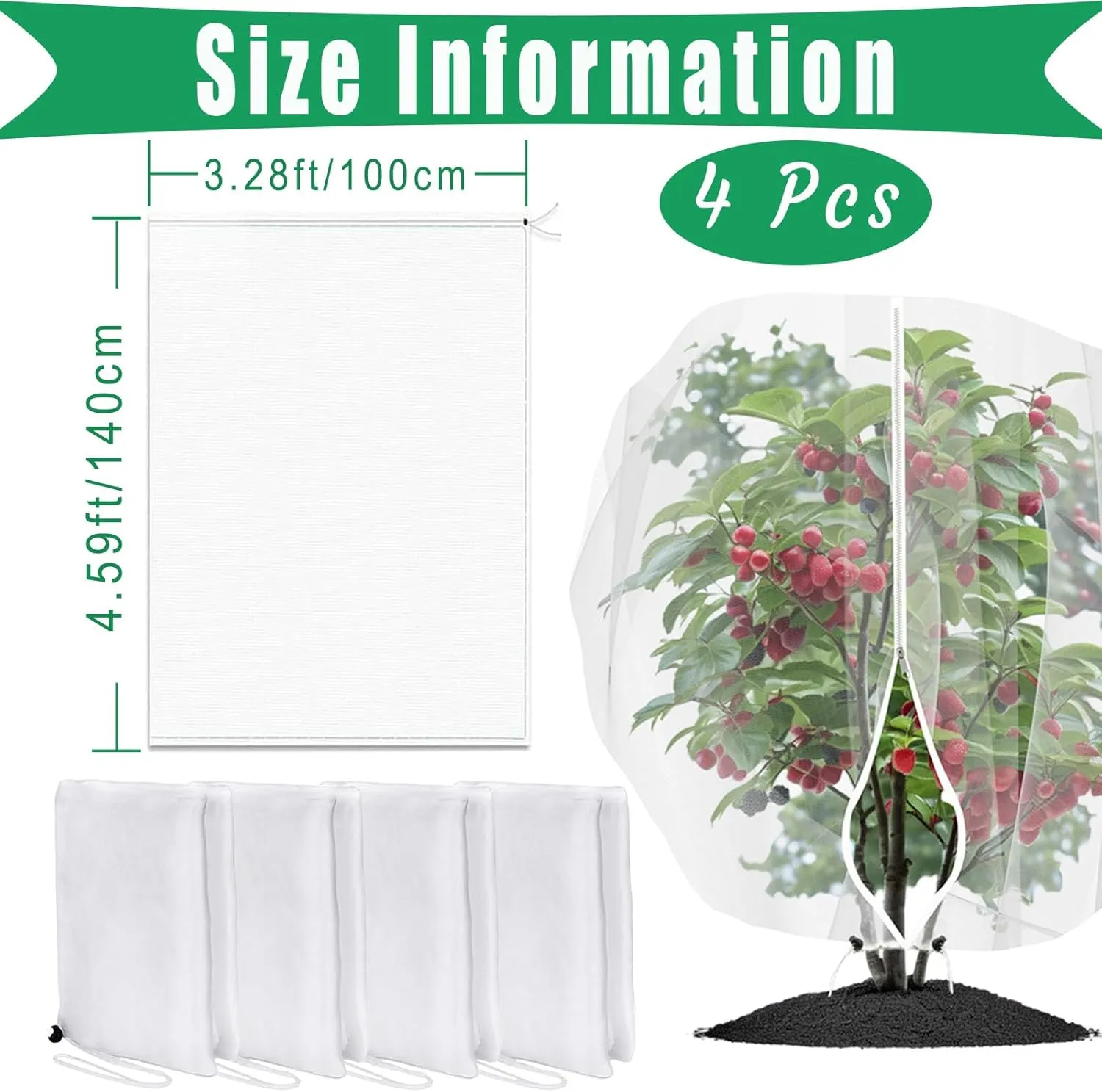 Garden Netting Pest Barrier 4 Pack 3.28x4.59 Ft Tomato Tree Protective Cover Net Bird Netting Mesh Netting for Plant Fruits Blueberry Bushes Protection Netting Covers Bags with Zipper and Drawstring