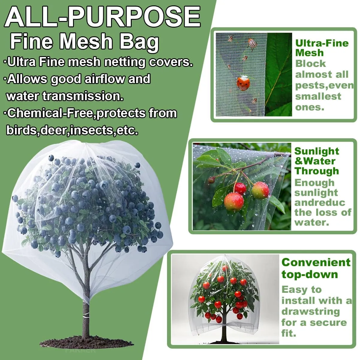 Garden Netting Pest Barrier, 4Pack Plant Fruits Blueberry Bushes Protection Plant Cover Bags with Drawstring, Plant Netting Protective Covers for Birds,Cicadas,Shrubs,Vegetables Protection Net