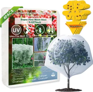 Garden Netting Pest Barrier, 4Pack Plant Fruits Blueberry Bushes Protection Plant Cover Bags with Drawstring, Plant Netting Protective Covers for Birds,Cicadas,Shrubs,Vegetables Protection Net