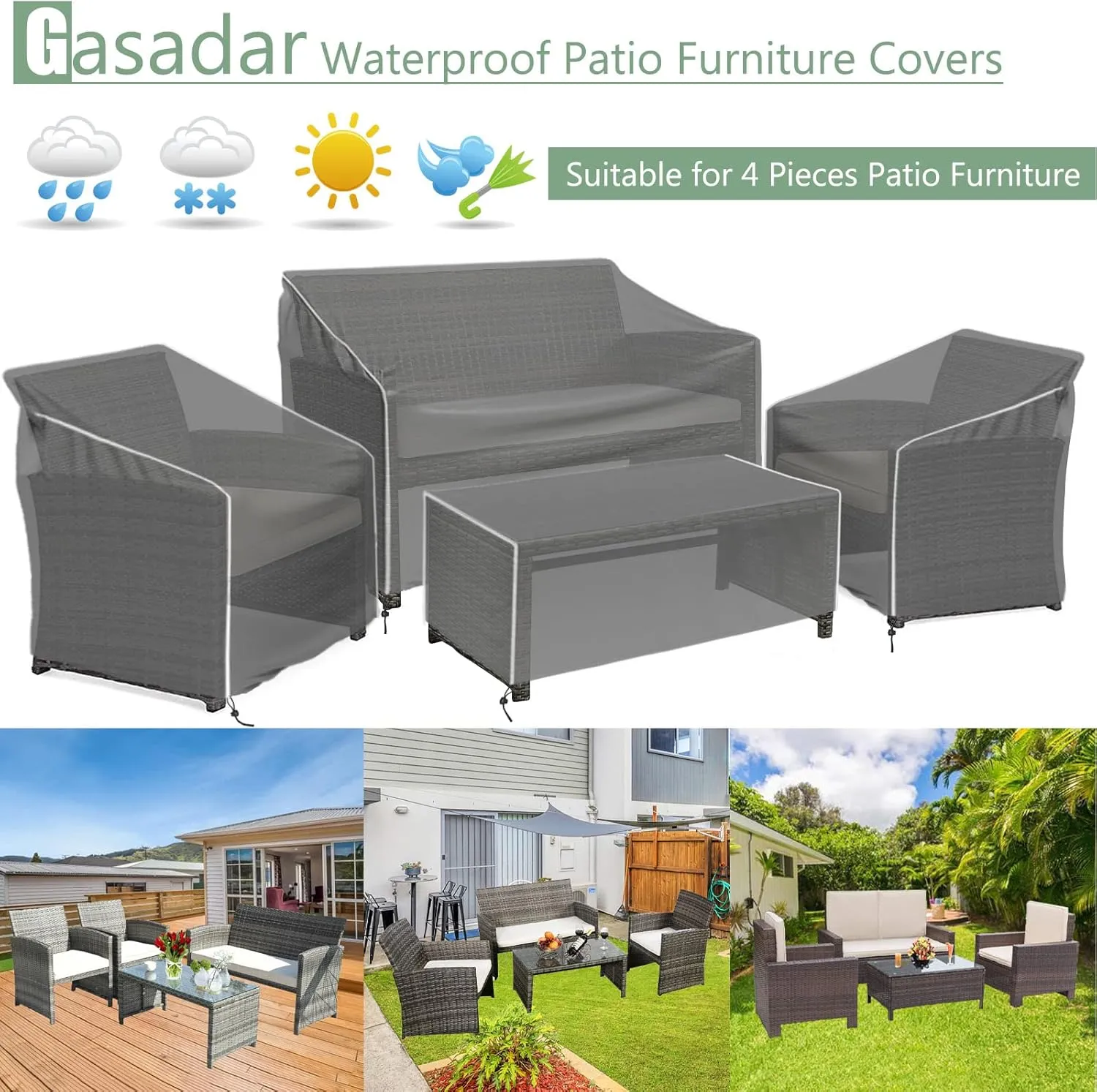 Gasadar Patio Furniture Cover 4-Piece Set, Heavy Dut 600D Outdoor Furniture Cover Waterproof for Lawn Patio Chairs, Loveseat and Coffe table, Grey