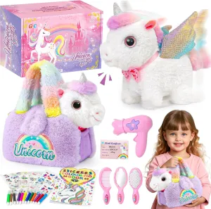 G.C Interactive Walking Unicorn Toys for Girls age 4-6, Electric Unicorn Plush with Bag & Coloring Book & Groom Accessories, Pretend Play Pet Care Kit Toddler Girl Christmas Birthday Gift 3 4 5 6 Year