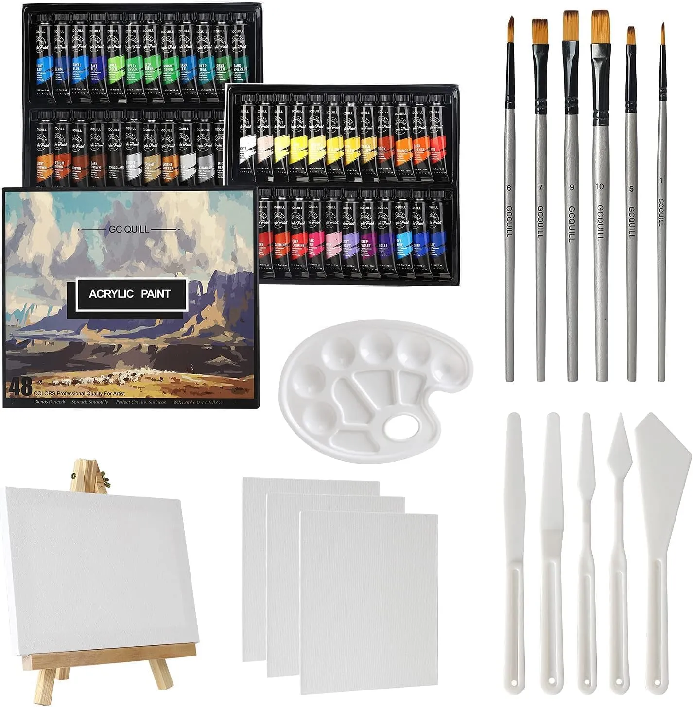 GC QUILL 48 Acrylic Paint Set - 66pcs Painting Supplies with 48 * 12ml Tubes, Paint Brushes, Palette Knives, Canvas, Easel, Sponge, Palette for Artist Painting on Wood, Ceramics, Fabric, Crafts