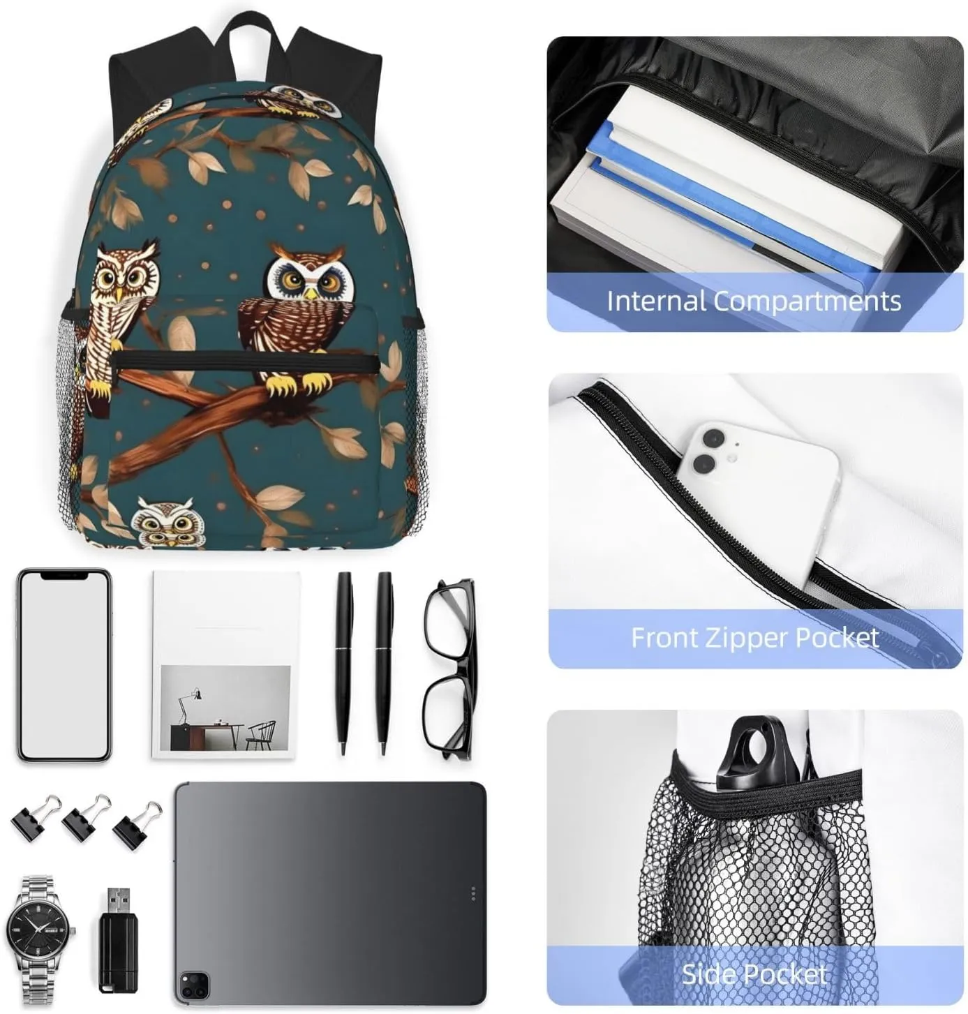 GeRRiT Owls On Tree Branches Print Casual Backpack For Women, Travel Daypack,Waterproof Gym Backpack For Men Book Bags, SB-122
