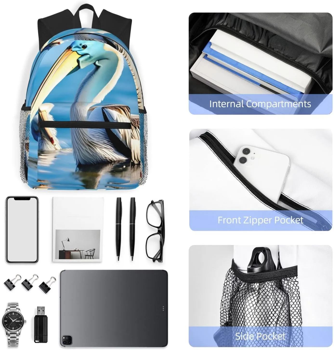 GeRRiT Pelican Bird Blue Sea Sky Print Casual Backpack For Women, Travel Daypack,Waterproof Gym Backpack For Men Book Bags, SB-122