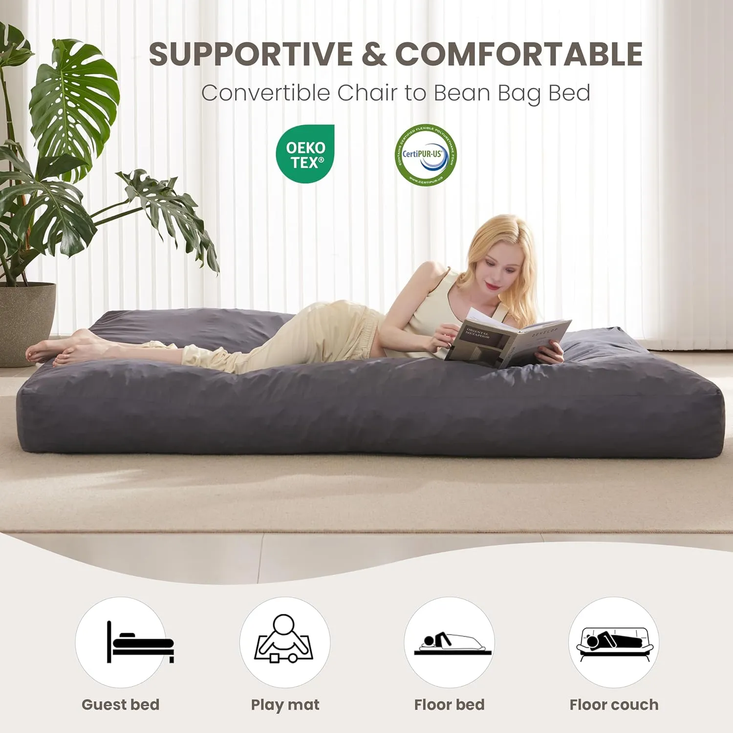 Giant Bean Bag Chair for Adults - 4 in 1 Convertible Beanbag Chairs Folds from Lazy Chair to Floor Mattress, Big Bean Bags for Teens, High-Density Foam Filling, Machine Washable