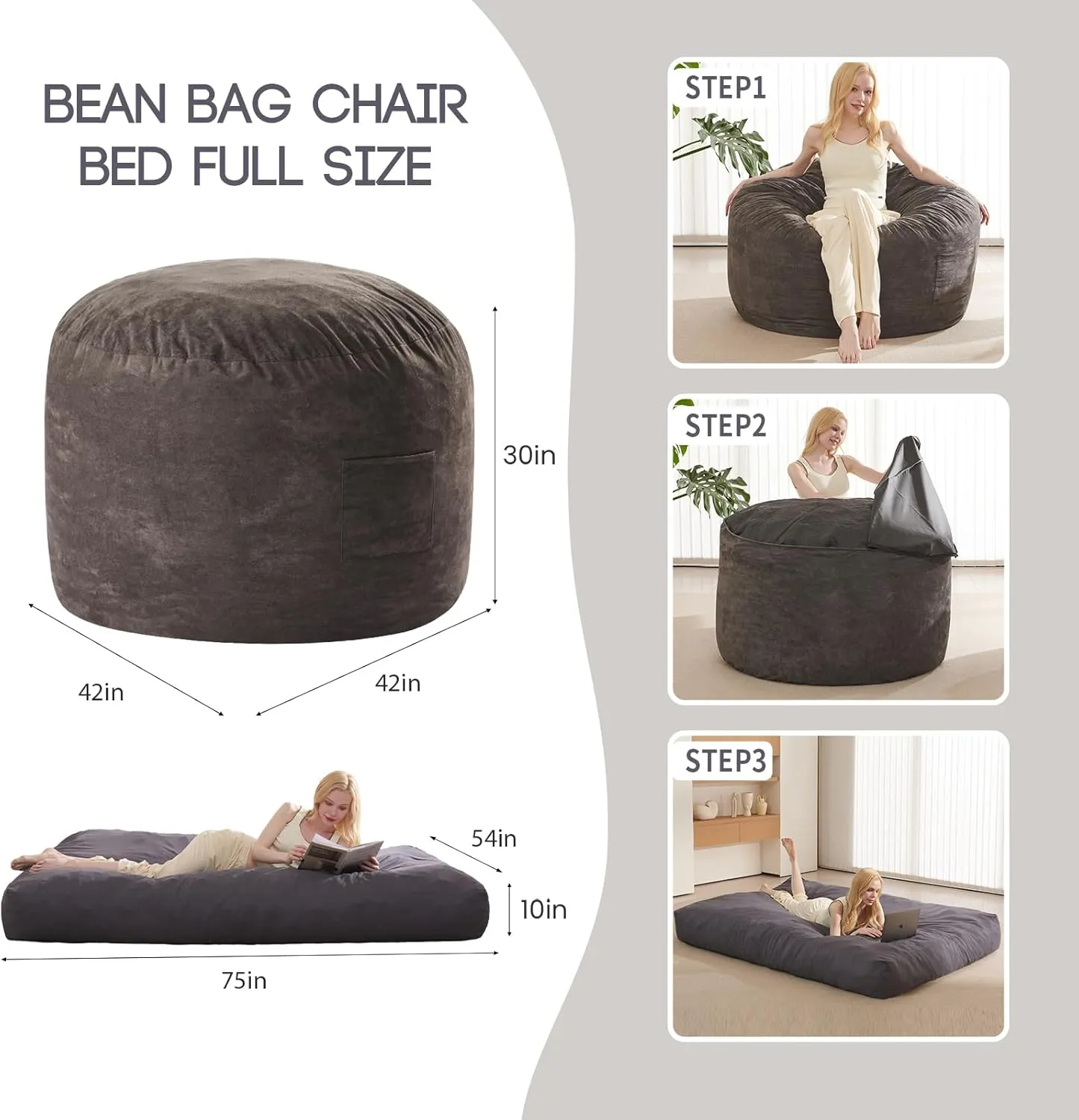 Giant Bean Bag Chair for Adults - 4 in 1 Convertible Beanbag Chairs Folds from Lazy Chair to Floor Mattress, Big Bean Bags for Teens, High-Density Foam Filling, Machine Washable