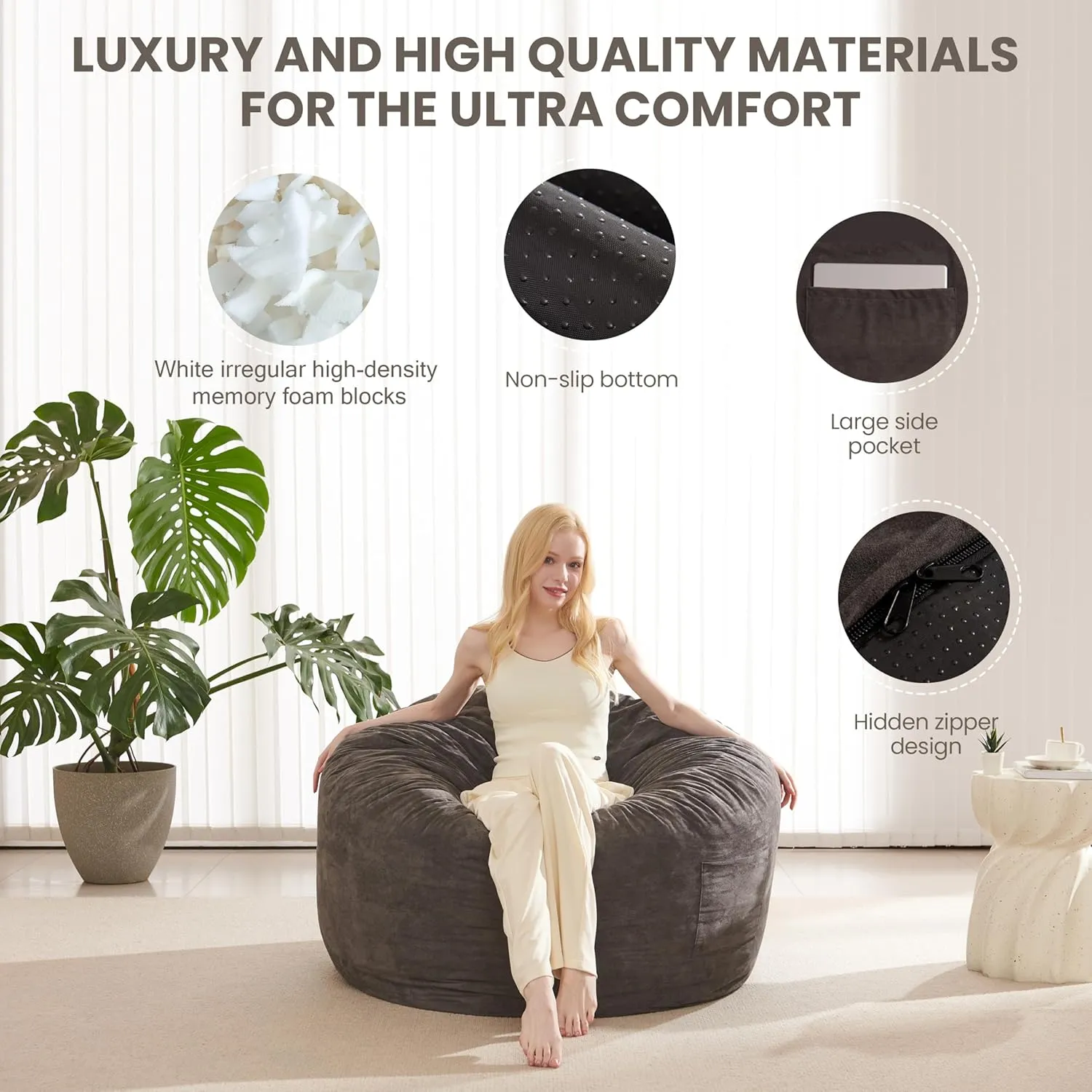 Giant Bean Bag Chair for Adults - 4 in 1 Convertible Beanbag Chairs Folds from Lazy Chair to Floor Mattress, Big Bean Bags for Teens, High-Density Foam Filling, Machine Washable