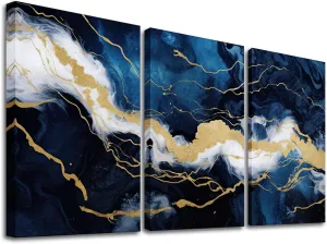 GLOKAKA Modern 3 Panel Marble Texture Canvas Wall Art Abstract Gold and Blue Color Print Painting Artwork for Home Office Dining Room Kitchen Wall Decor (Pattern 05, 12"x16"x3P)