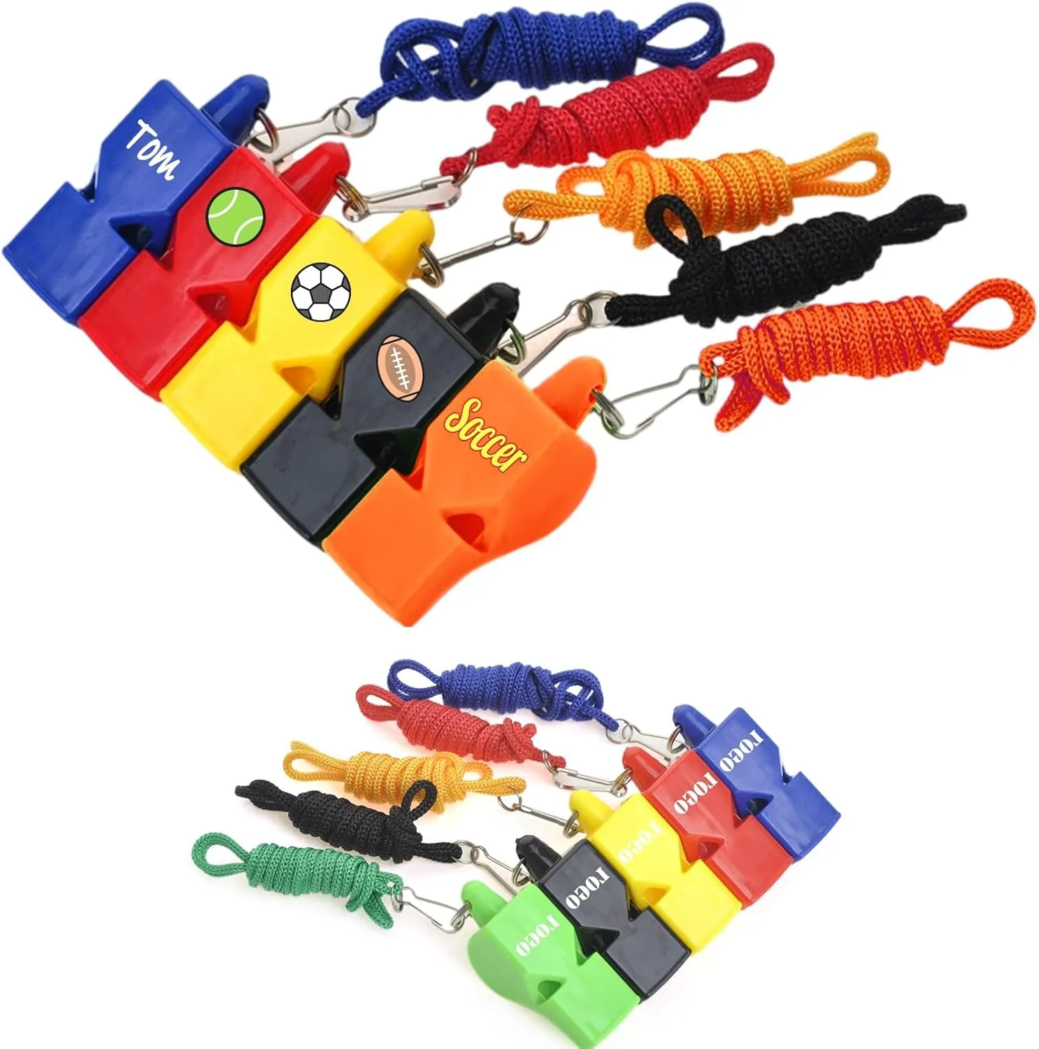 GOGO Custom Whistles with Lanyard Set of 100, Personalized Coach Whistle Plastic Pea-Less Whistle for Sports Coach Referee