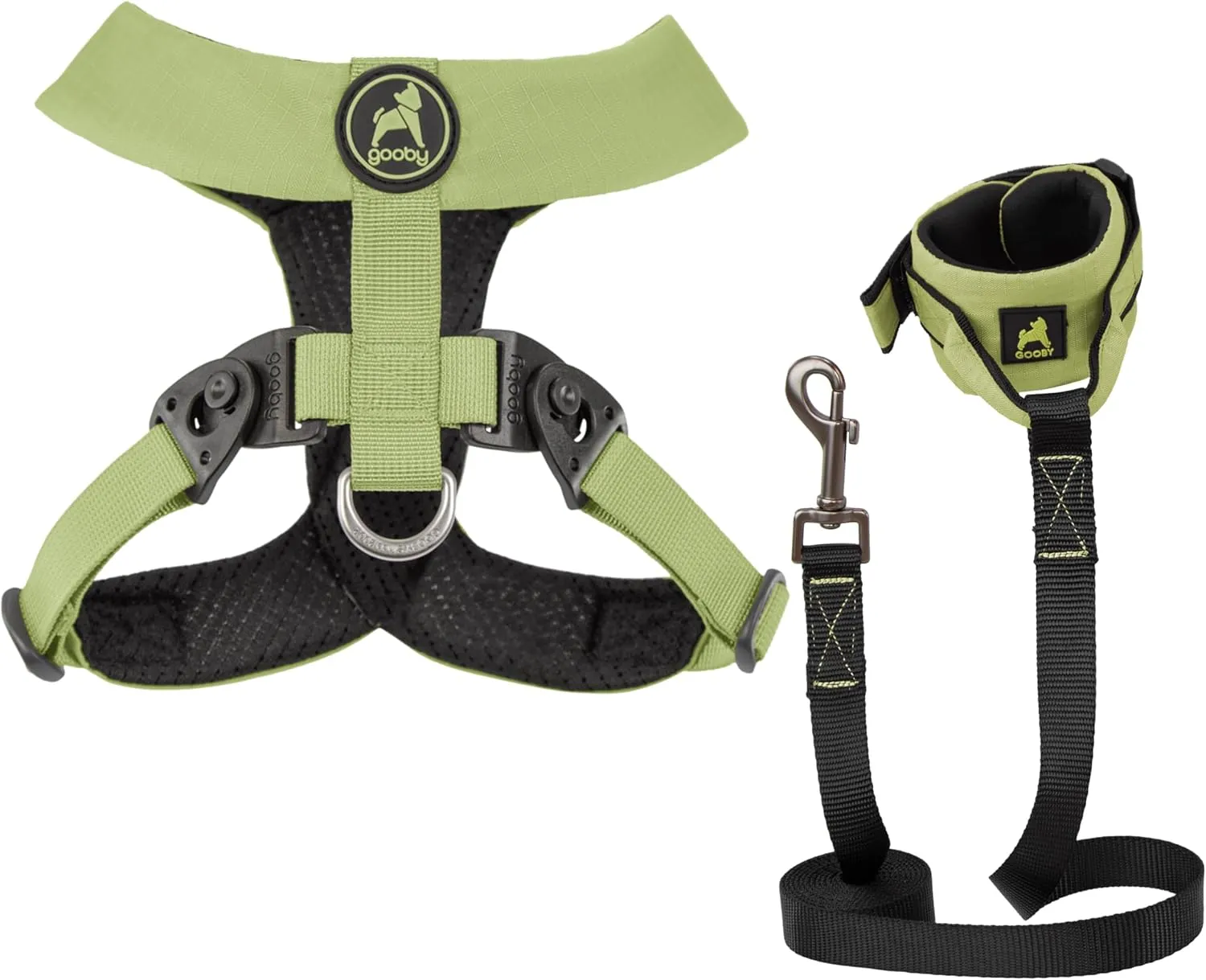 Gooby Comfort X Harness Dual Snap and Ripstop Z Wristband Surfer Leash Set-Green, Large, 6FT-Choke Free X Frame Harness with Rotational Buckles and Nylon Handsfree Leash for Small and Medium Dog
