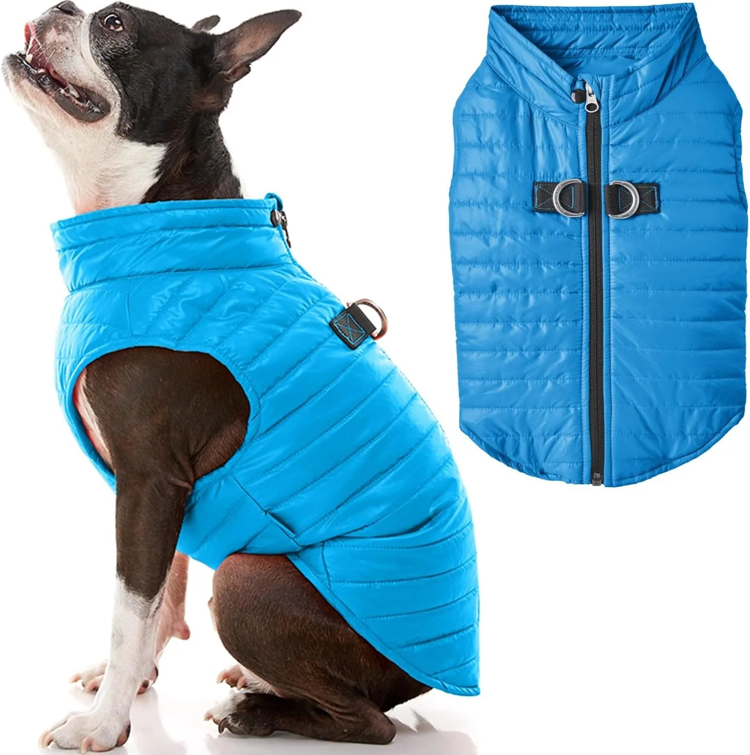 Gooby Puffer Vest Dog Jacket - Blue, Medium - Ultra Thin Zip Up Wind Breaker with Dual D Ring Leash - Water Resistant Small Dog Sweater Coat - Dog Clothes for Small Dogs Boy or Medium Dogs