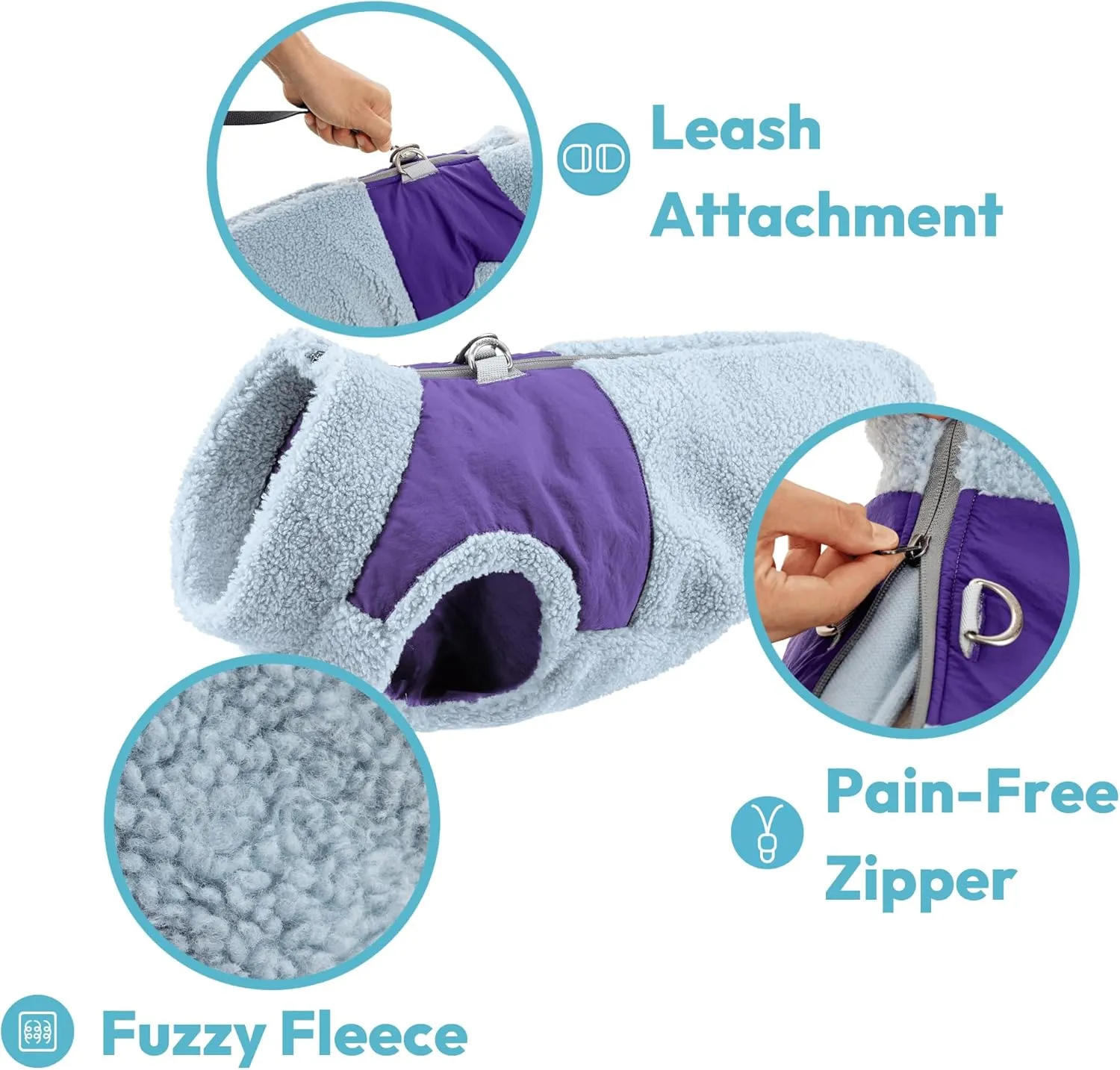 Gooby Zip Up Sherpa Vest - Purple, 2X-Large - Two Tone Fuzzy Fleece Dog Sweater with Built-in Harness and Extra Security for Small Dog and Medium Dog