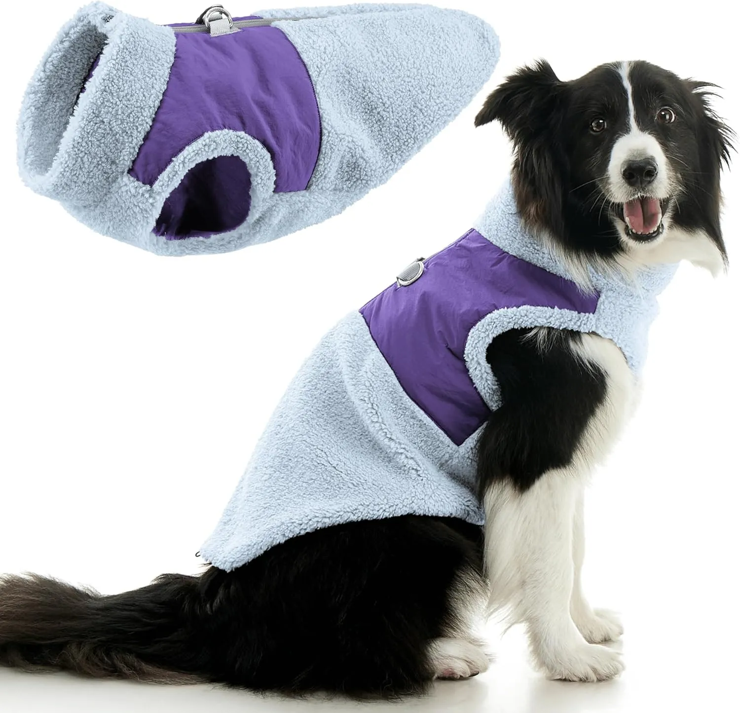 Gooby Zip Up Sherpa Vest - Slate Gray, Large - Two Tone Fuzzy Fleece Dog Sweater with Built-in Harness and Extra Security for Small Dog and Medium Dog