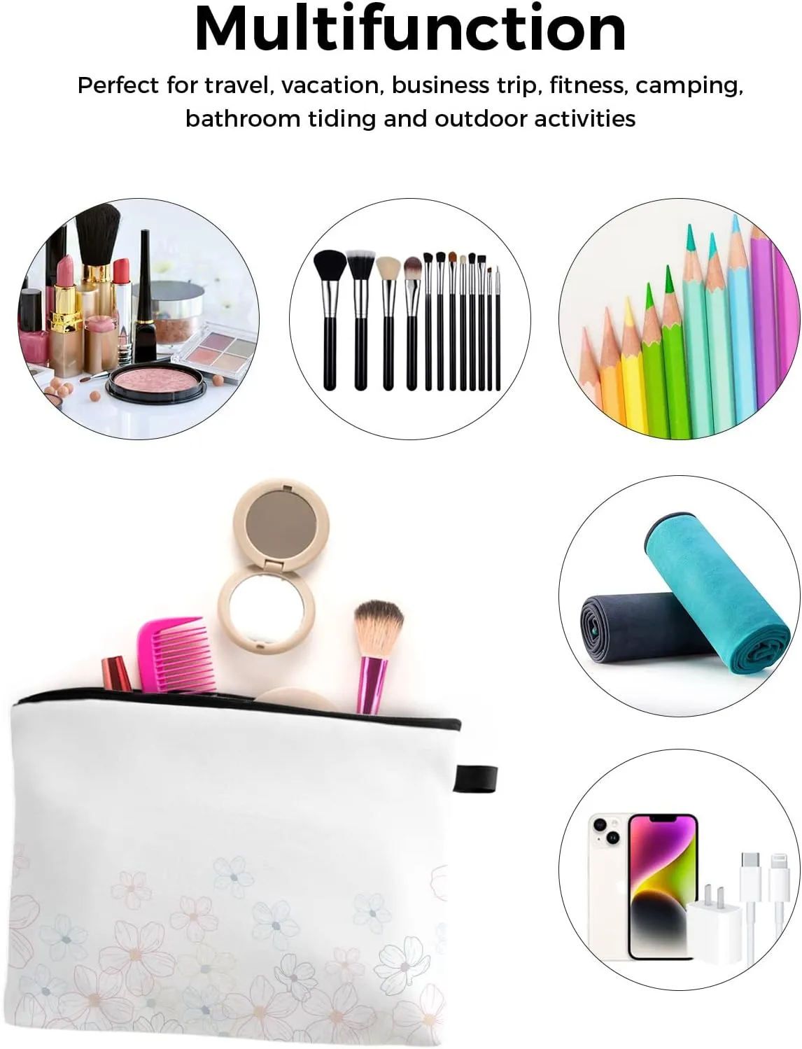 Gradual Flowers Cosmetic Bags for Women, Simple Lines Blue Pink Ombre Small Makeup Bag for Purse, Waterproof Travel Toiletry Bag Accessories Organizer, 1PCS