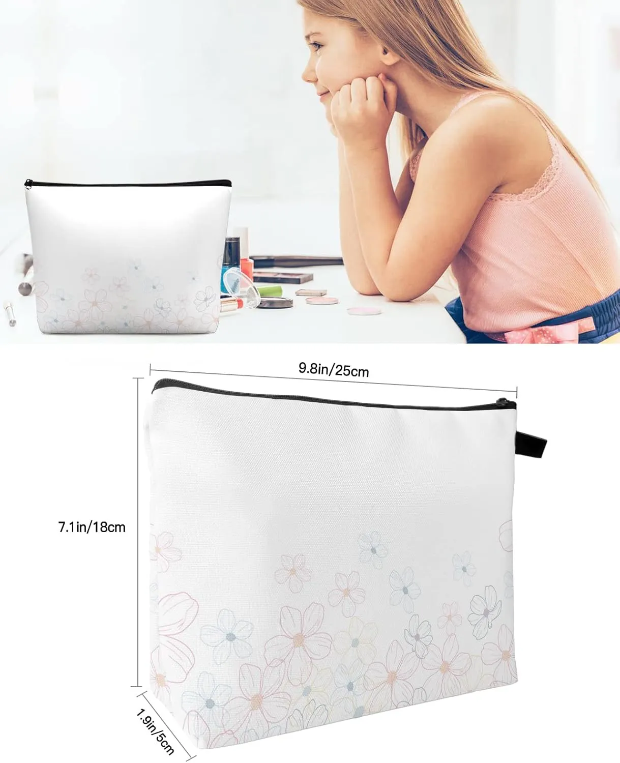 Gradual Flowers Cosmetic Bags for Women, Simple Lines Blue Pink Ombre Small Makeup Bag for Purse, Waterproof Travel Toiletry Bag Accessories Organizer, 1PCS