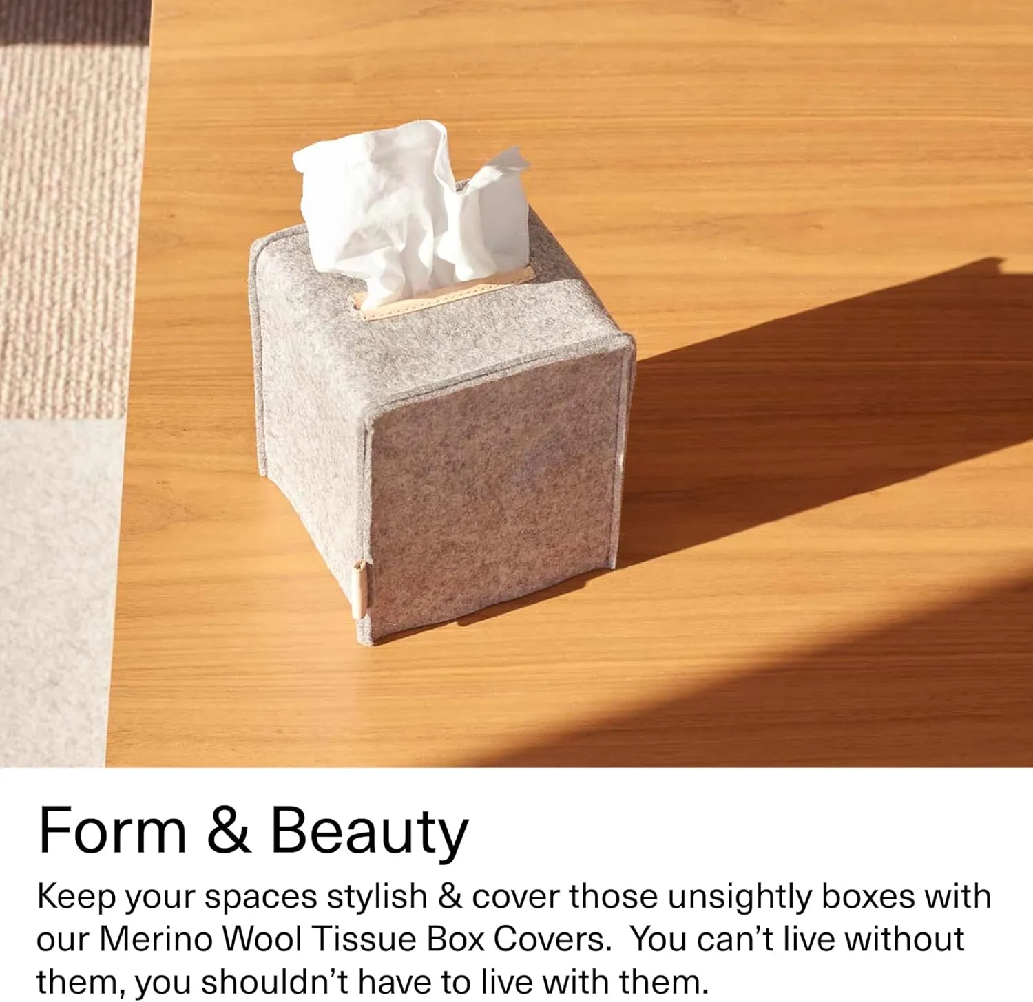 Graf Lantz - Small Tissue Box Cover - Merino Wool Felt - Fits Standard Square Tissue Boxes - Vegetable Tanned Leather Trim - Tissue Box Holder - Luxury Home Decor - USA Made - 5" x 5"x 5", Granite