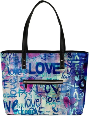 Graffiti 'love' Letters Street Art Tote Bag Women Shoulder Handbags PU Leather Everyday Bag with External Pocket Large Capacity Aesthetic Corduroy Tote Bag for Travel Work Party