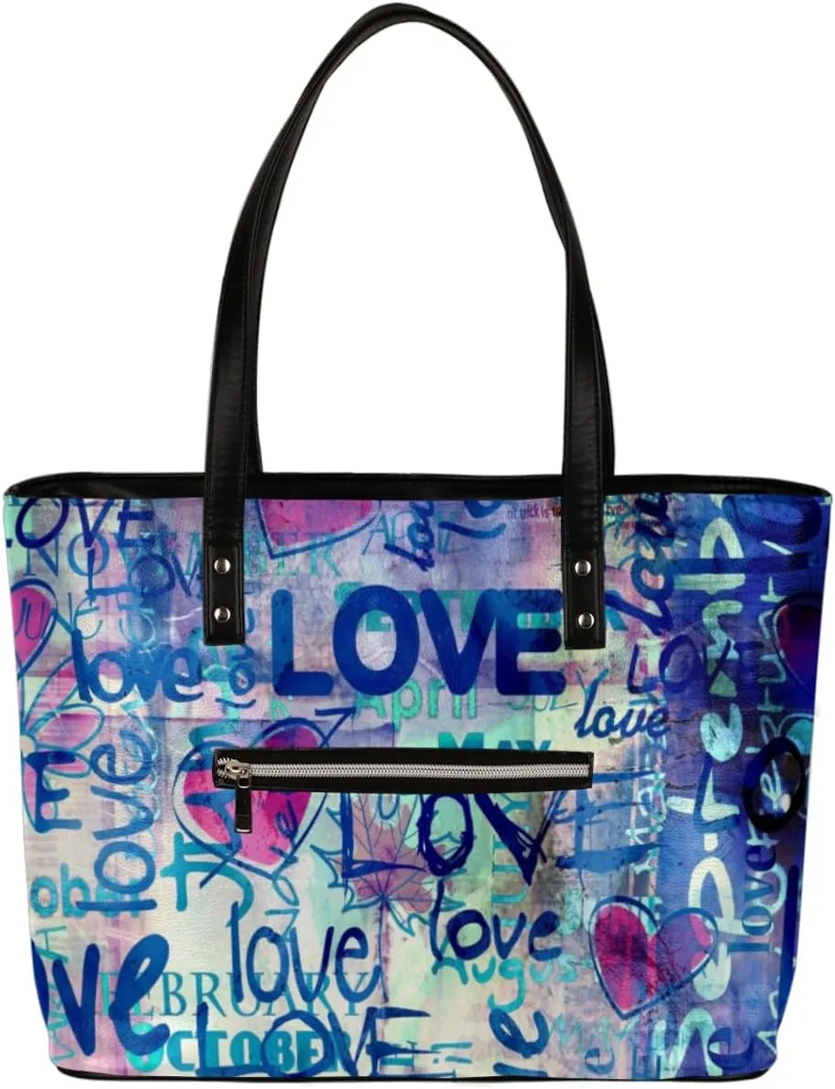 Graffiti 'love' Letters Street Art Tote Bag Women Shoulder Handbags PU Leather Everyday Bag with External Pocket Large Capacity Aesthetic Corduroy Tote Bag for Travel Work Party