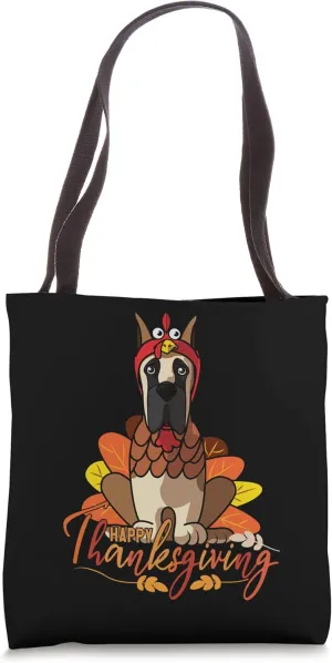 Great Dane Dog Greets Happy Thanksgiving Turkey Black Tote Bag