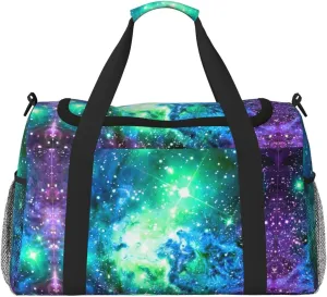 Green Blue Purple Galaxy print Large Canvas Travel Duffel Bag Weekender Bags for Women Overnight Bag Carry On Tote Bag