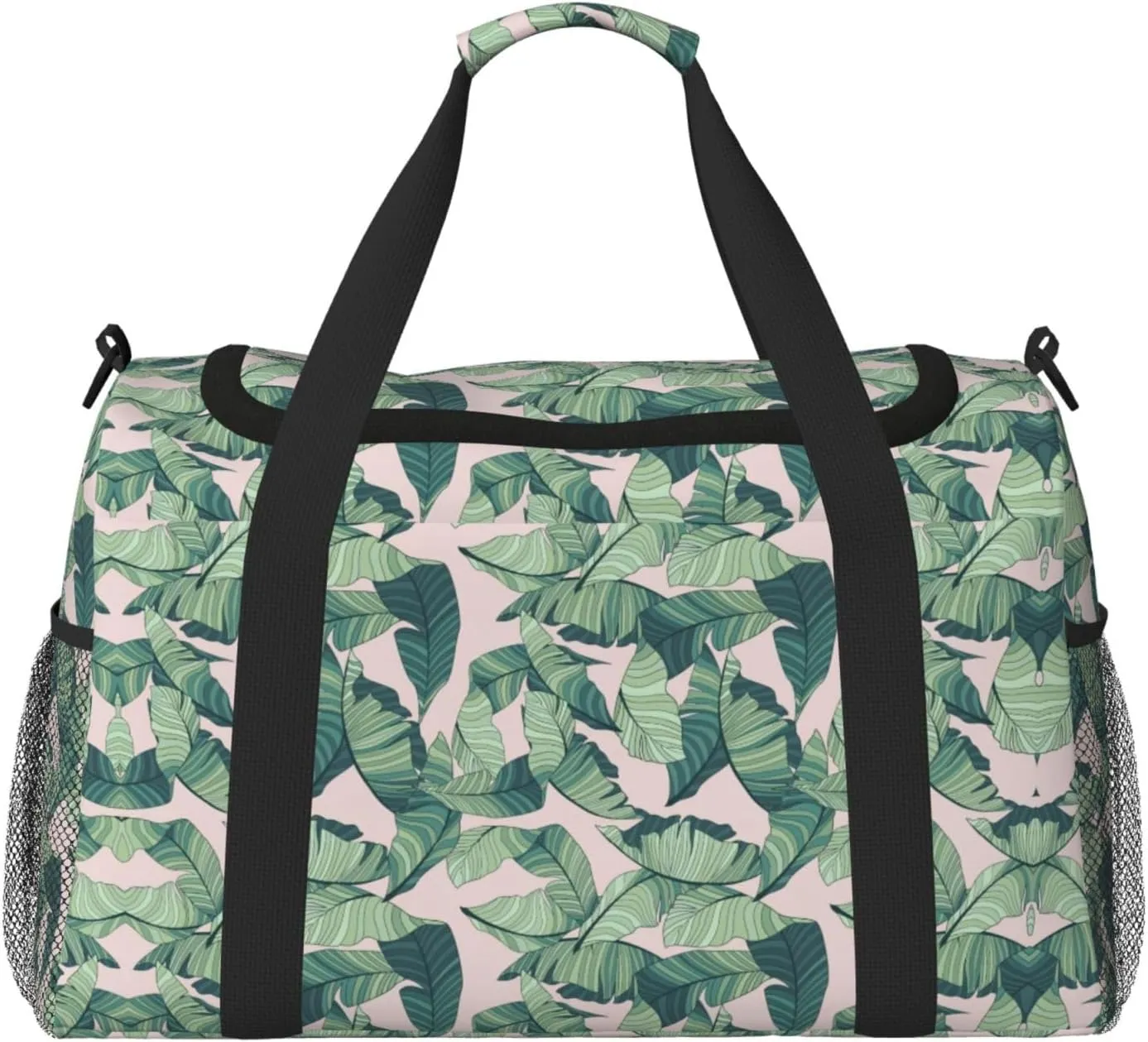 green palm tree leaves pink print Large Canvas Travel Duffel Bag Weekender Bags for Women Overnight Bag Carry On Tote Bag