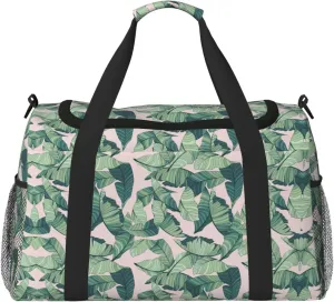 green palm tree leaves pink print Large Canvas Travel Duffel Bag Weekender Bags for Women Overnight Bag Carry On Tote Bag