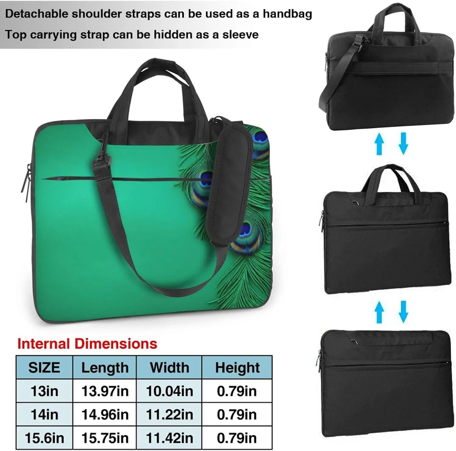 Green Peacock Feather Print Laptop Bag,Can Use It Freely As A Shoulder Bag,Crossbody Bag,And Briefcase