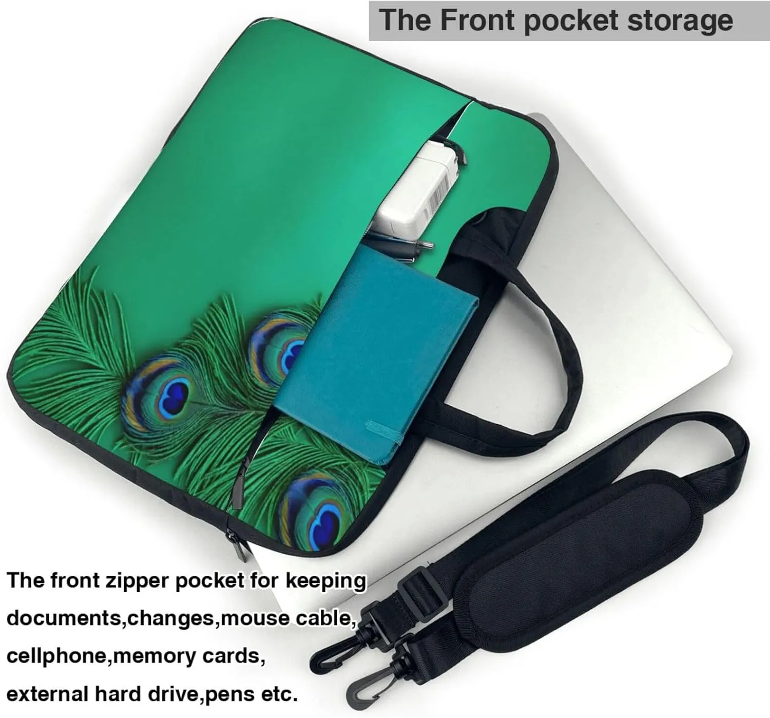Green Peacock Feather Print Laptop Bag,Can Use It Freely As A Shoulder Bag,Crossbody Bag,And Briefcase