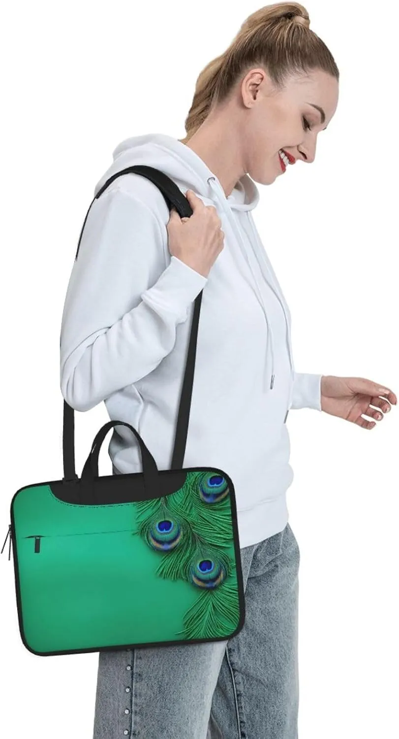 Green Peacock Feather Print Laptop Bag,Can Use It Freely As A Shoulder Bag,Crossbody Bag,And Briefcase