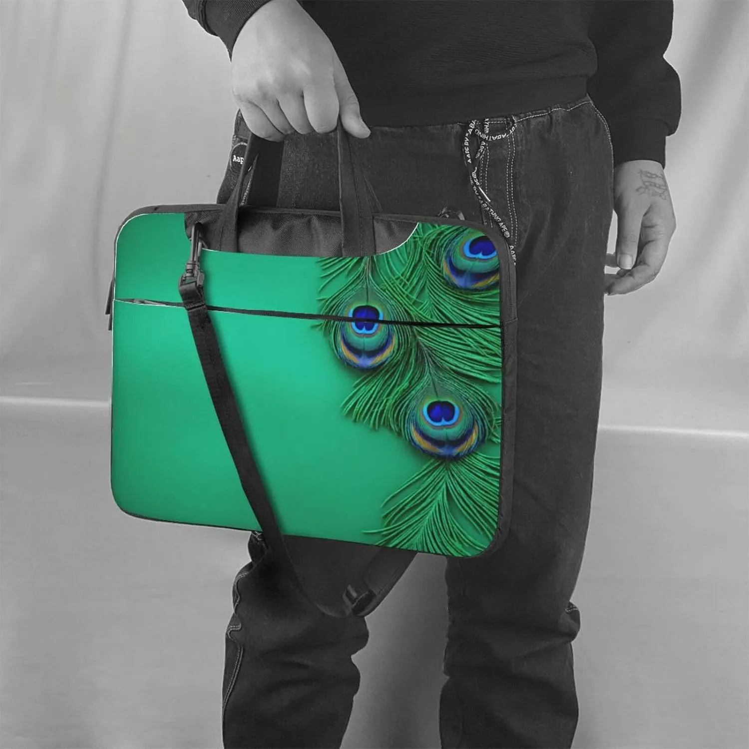 Green Peacock Feather Print Laptop Bag,Can Use It Freely As A Shoulder Bag,Crossbody Bag,And Briefcase
