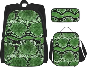 Green Snakeskin Print Versatile Adjustable Shoulder Fashion Backpack Lunch Bag Pencil Case Large Capacity