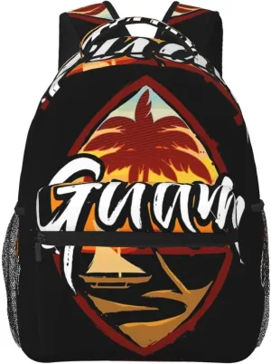 Guam Island Flag Palm Tree Laptop Backpacks Double Shoulder Laptop Pack Bag Daypack Back Pack Bags Rucksack Computer Bag with Side Pockets Front Zipper Pockets For Commutes Travel