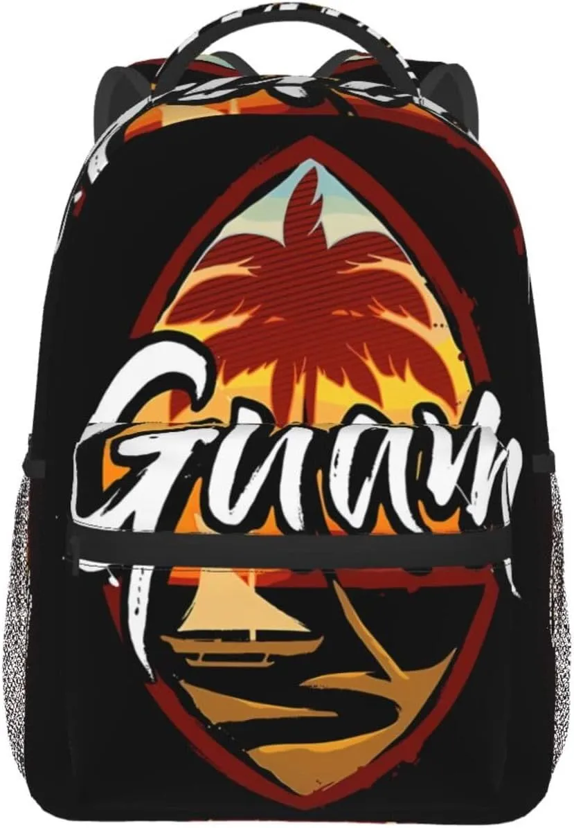 Guam Island Flag Palm Tree Laptop Backpacks Double Shoulder Laptop Pack Bag Daypack Back Pack Bags Rucksack Computer Bag with Side Pockets Front Zipper Pockets For Commutes Travel