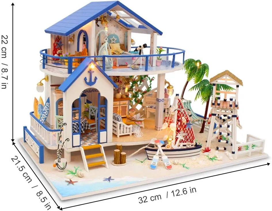 GuDoQi DIY Miniature Dollhouse Kit, Miniature House Kit 1:24 Scale,Tiny House kit with Music and Furniture Kit, Great Gift for Birthday Easter, Blue Sea Legend
