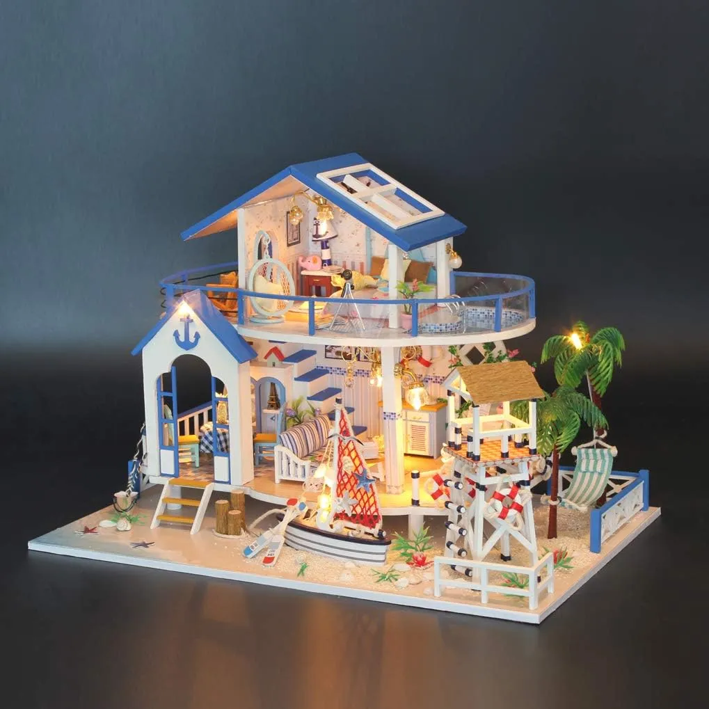 GuDoQi DIY Miniature Dollhouse Kit, Miniature House Kit 1:24 Scale,Tiny House kit with Music and Furniture Kit, Great Gift for Birthday Easter, Blue Sea Legend