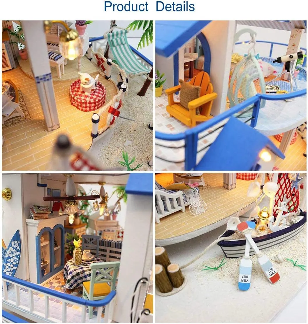 GuDoQi DIY Miniature Dollhouse Kit, Miniature House Kit 1:24 Scale,Tiny House kit with Music and Furniture Kit, Great Gift for Birthday Easter, Blue Sea Legend
