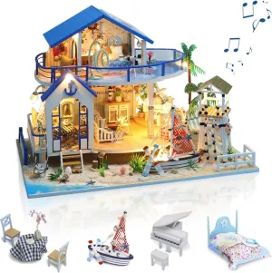 GuDoQi DIY Miniature Dollhouse Kit, Miniature House Kit 1:24 Scale,Tiny House kit with Music and Furniture Kit, Great Gift for Birthday Easter, Blue Sea Legend