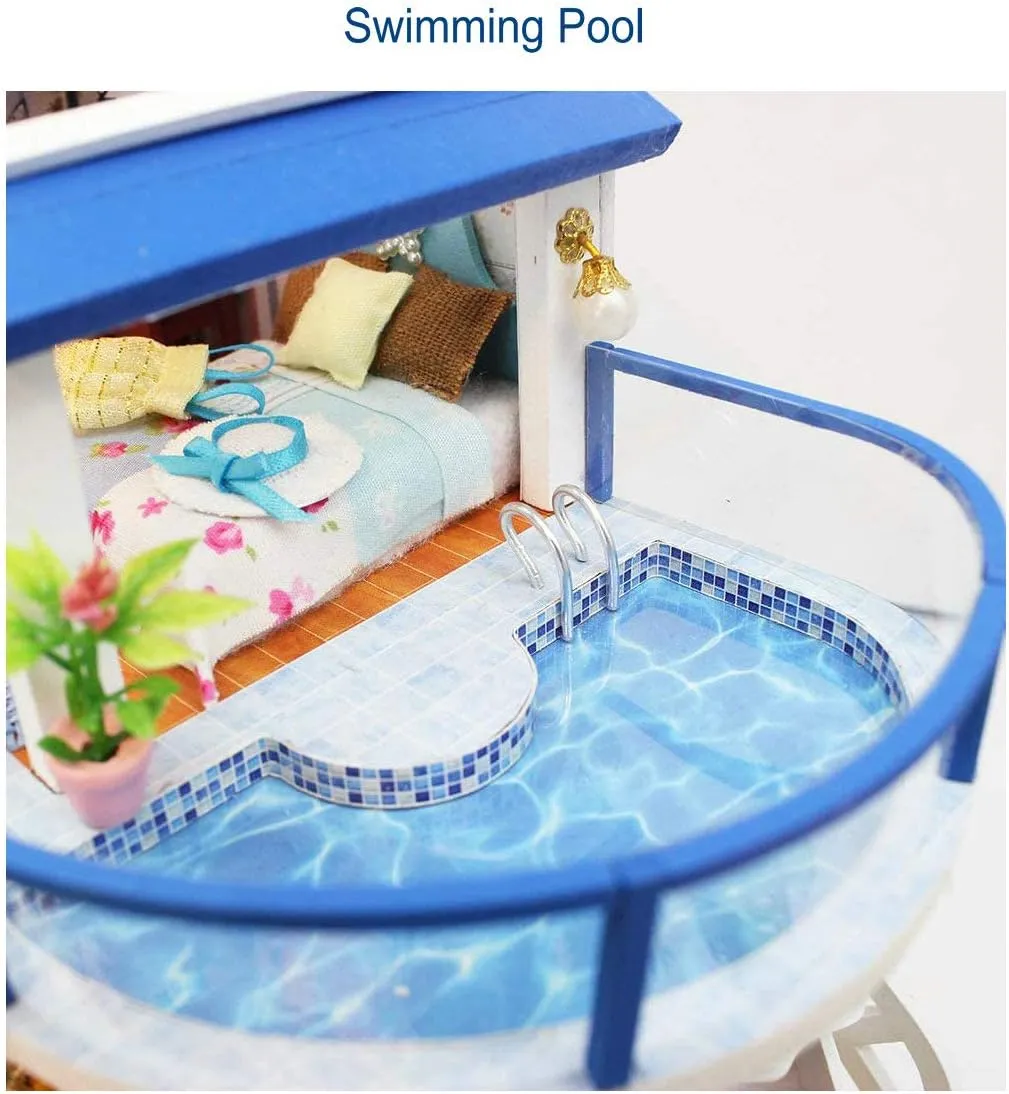 GuDoQi DIY Miniature Dollhouse Kit, Miniature House Kit 1:24 Scale,Tiny House kit with Music and Furniture Kit, Great Gift for Birthday Easter, Blue Sea Legend